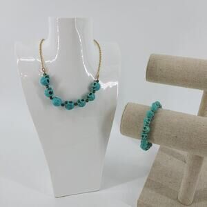 Turquoise Colored Stone-like Plastic Beads Skull Necklace Set